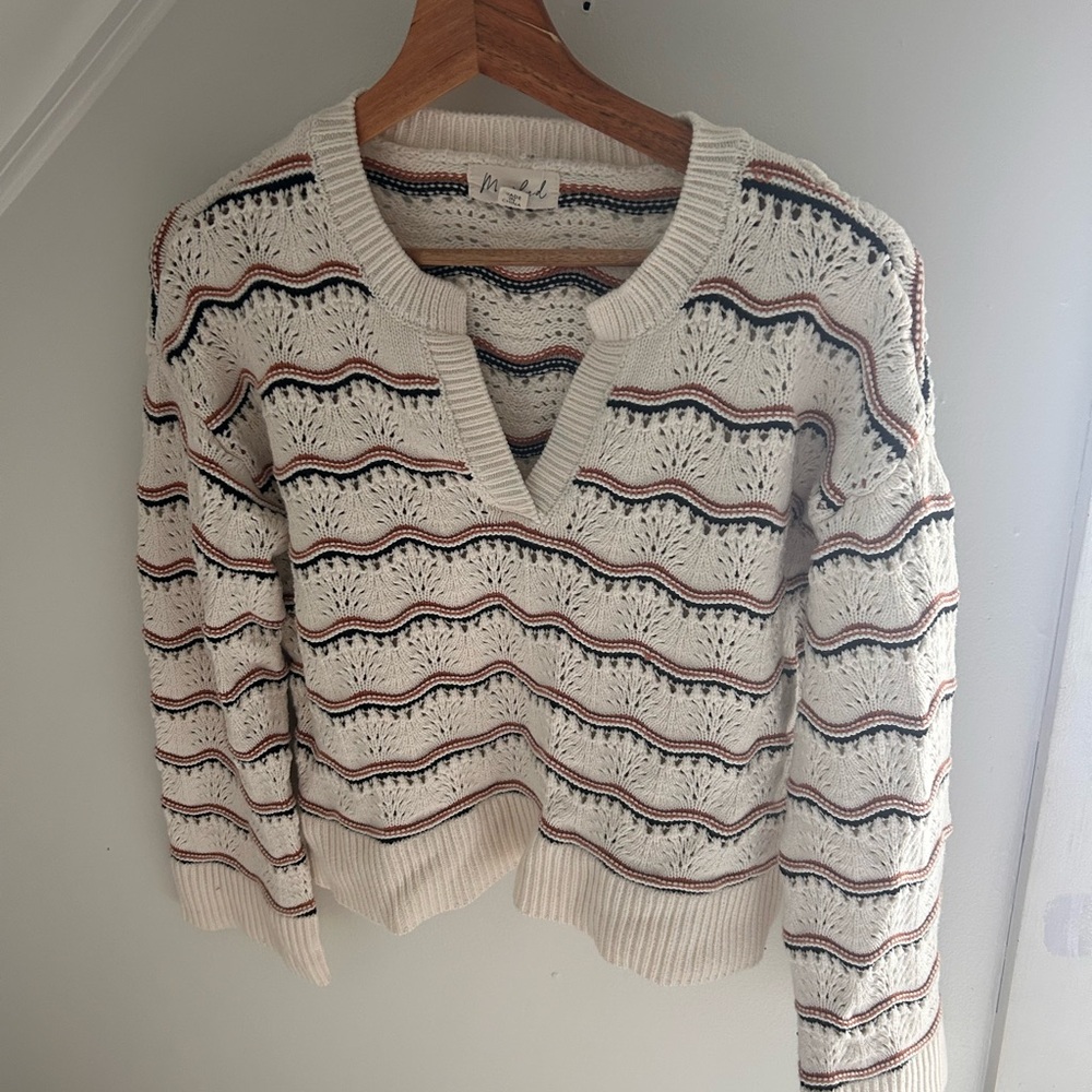 Marled V-Neck Sweater with Cream and Brown Stripes